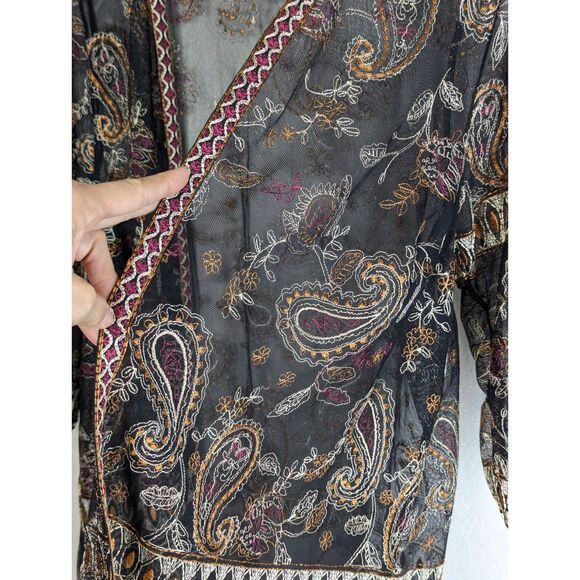 Catherines Plus Size Boho Sheer Open Front Top Size 1X Embroidery Black Paisley - Picture 5 of 12